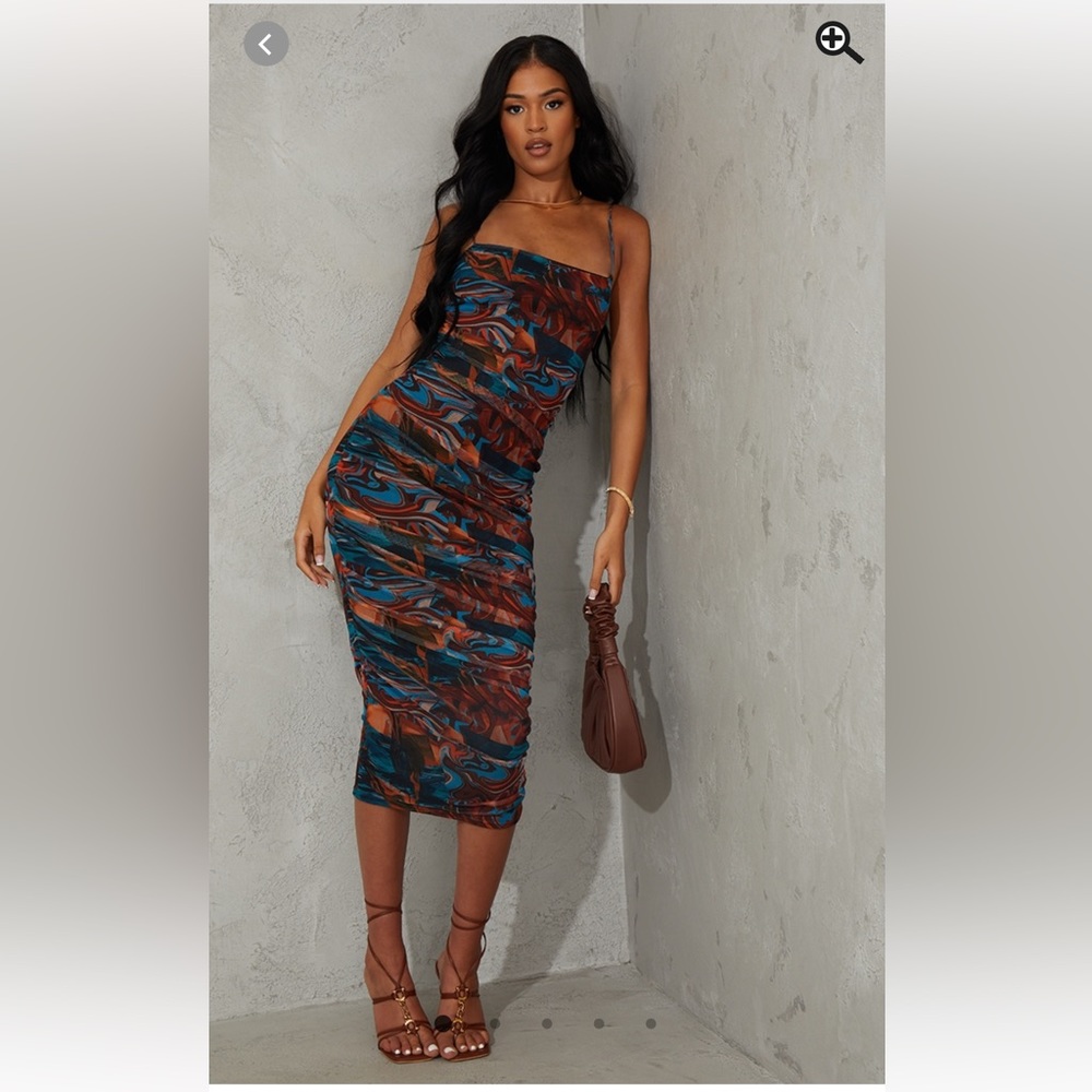 PrettyLittleThing Green Marble Mesh Ruched Midi Dress, size 6, NWT